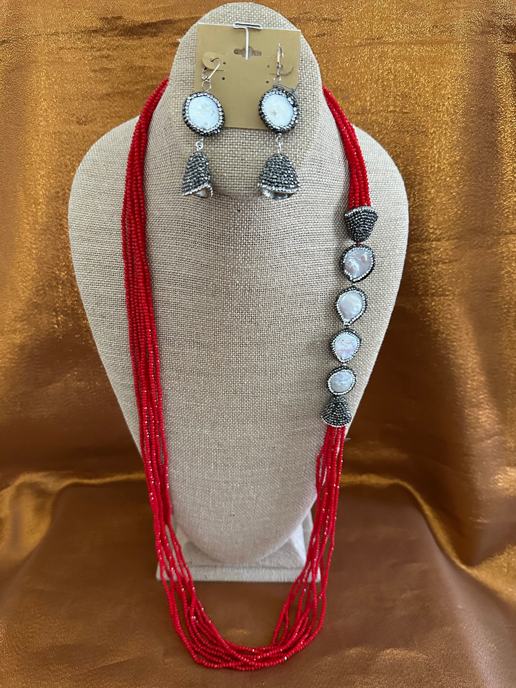 KWANZA RED Crystals with White Coin Pearls, Necklace Handmade