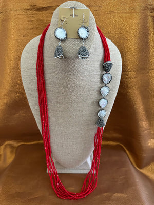 KWANZA RED Crystals with White Coin Pearls, Necklace Handmade