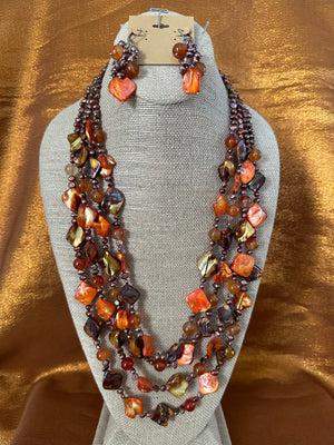 Carnelian Orange with Brown Pearls, Necklace Handmade