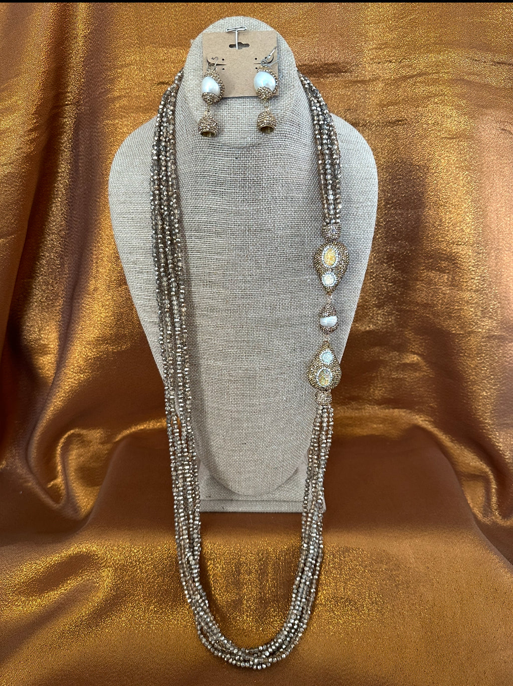 KWANZA Champagne Crystals with Keshi Pearls, Necklace Handmade