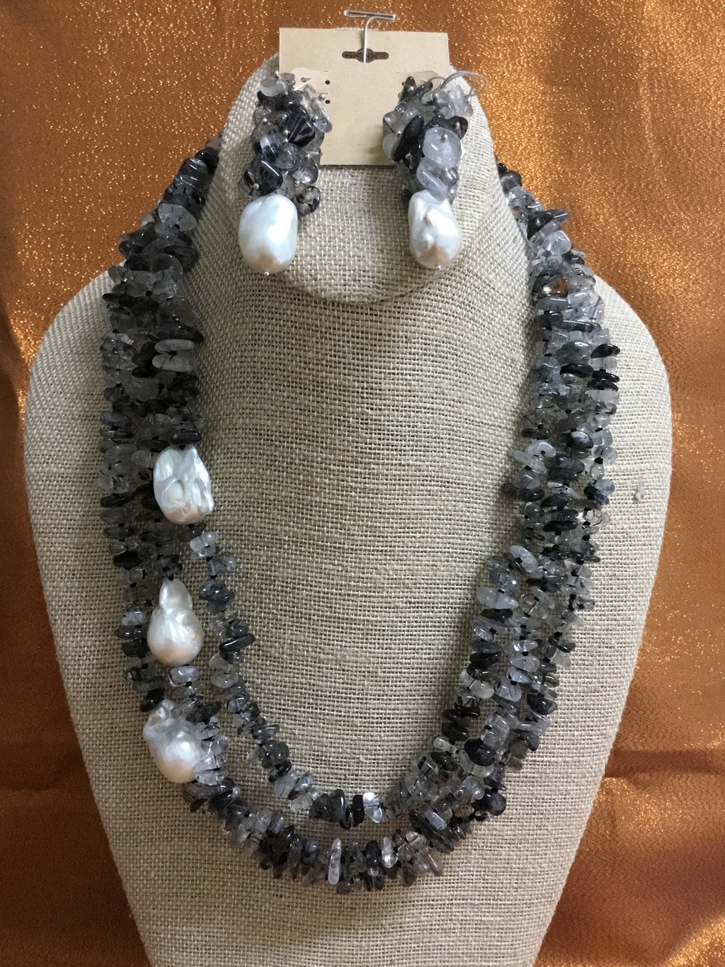 ‘KATOA’ Keshi White Pearl & Rultized Black & Gray Handmade Necklace