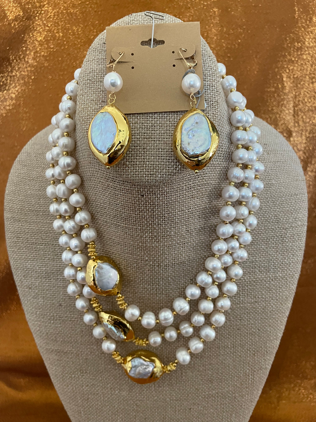 Baroque Keshi White Pearl, Gold Plated 3 Strands, Handmade Necklace