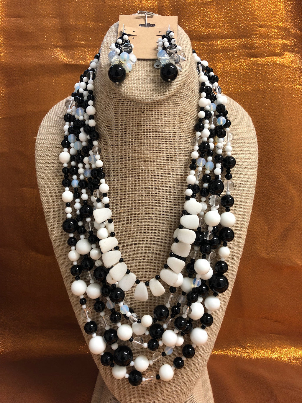 Black Onyx with Porcelain, Multi Strand Necklace Handmade