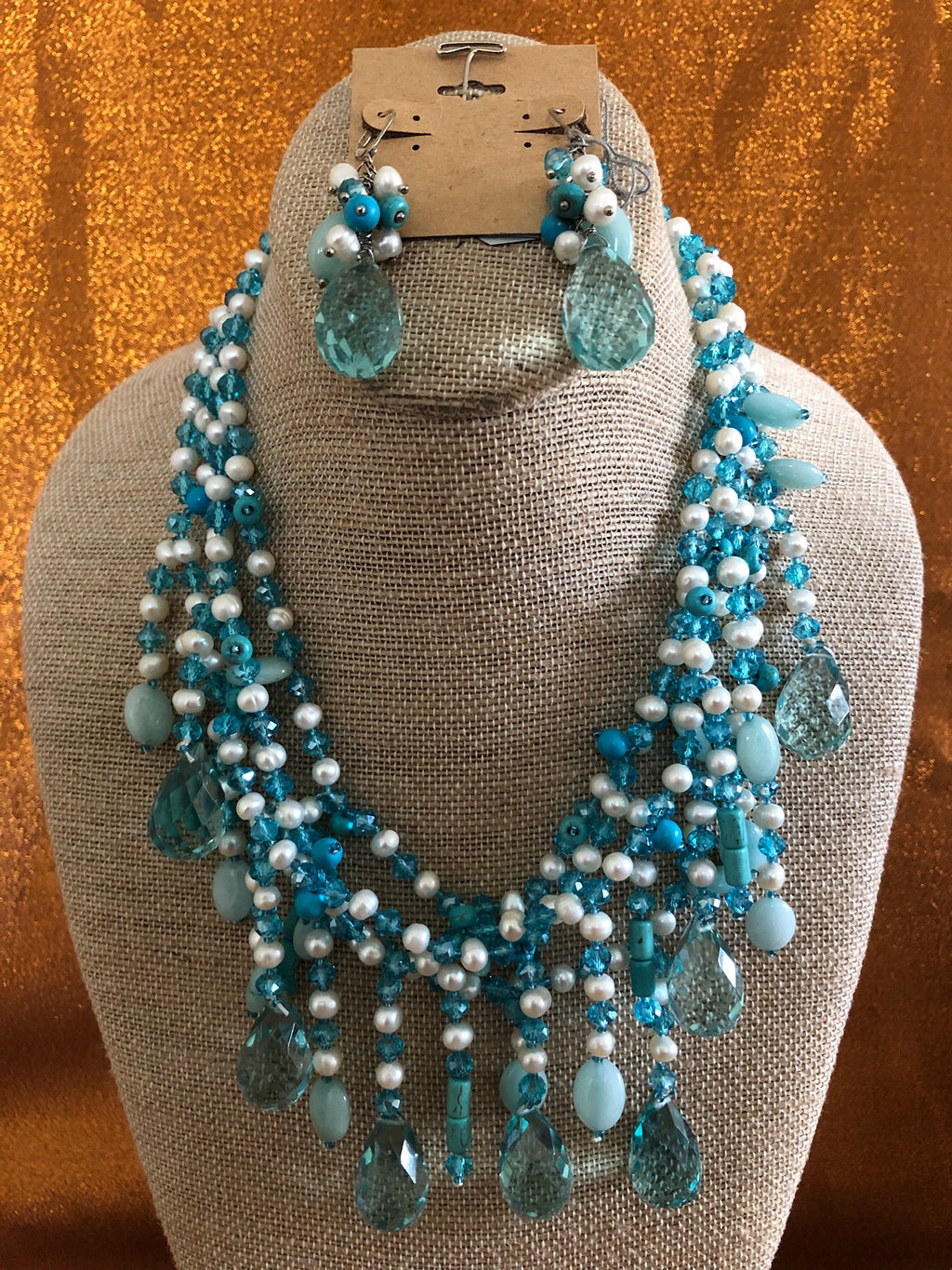 Cora Blue with White Pearls, Necklace Handmade