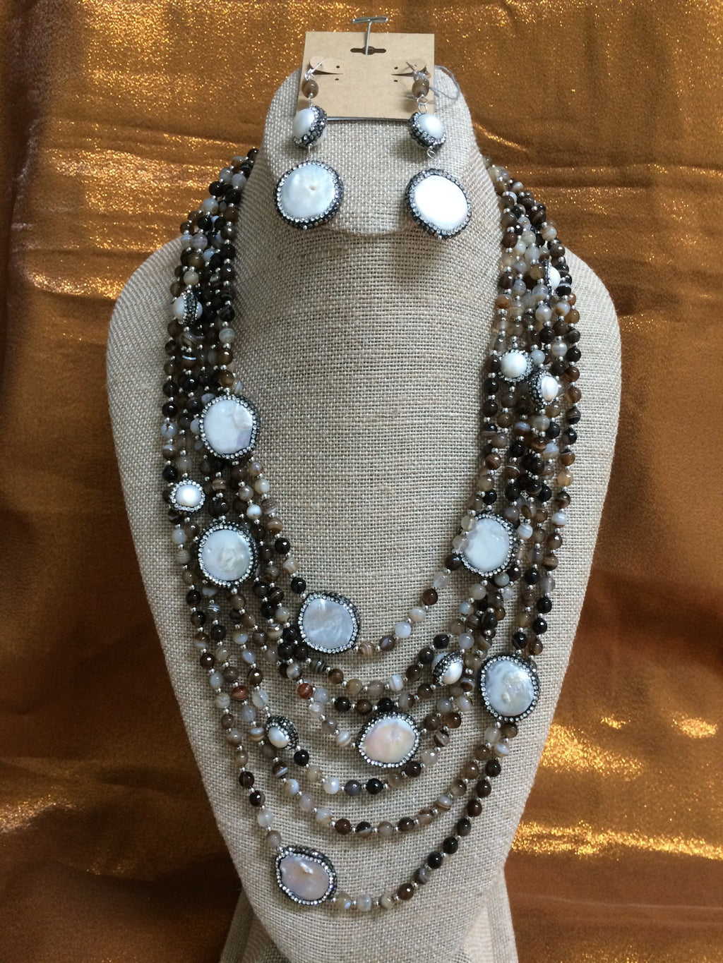 Marcus Brown Agate & White Coin Pearl Handmade Necklace