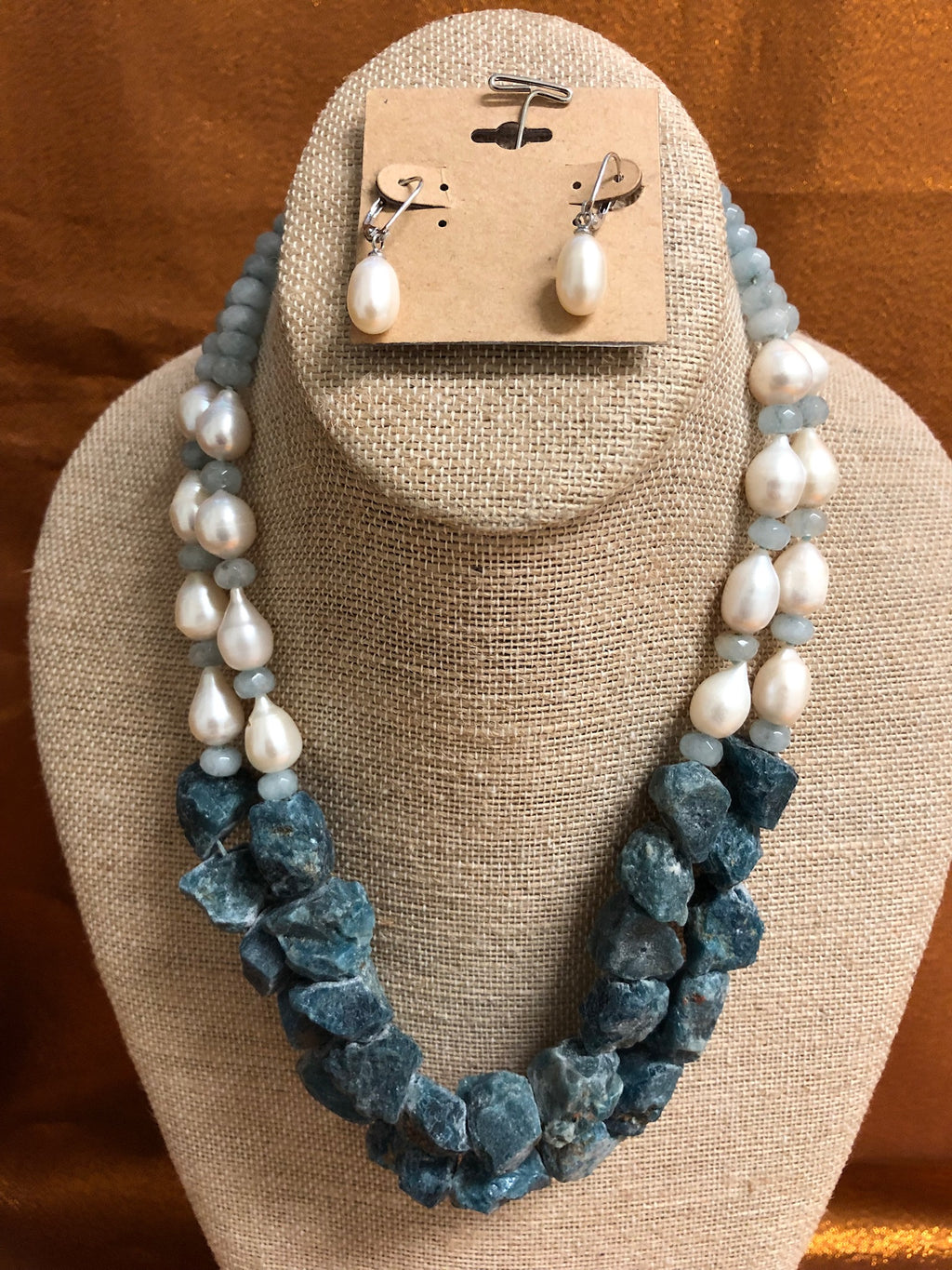 Rough Blue, Agate & Pearls Necklace Handmade