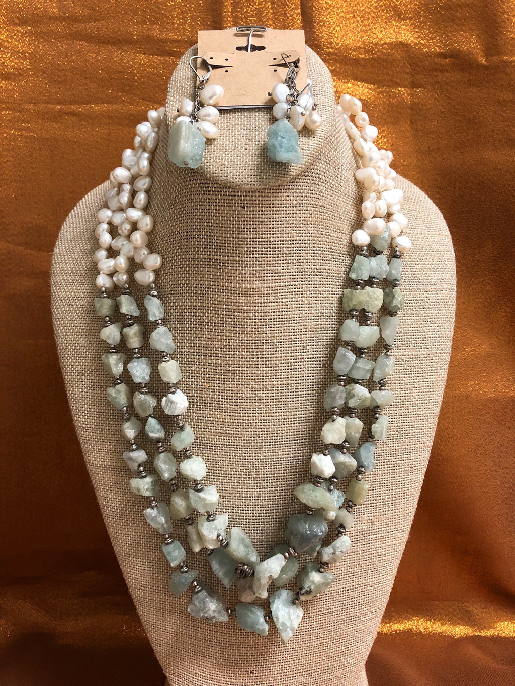 Aqua with White Pearls, Necklace Handmade