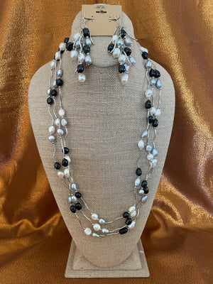 Kamala, Black and White and Gray Pearls with Silver Color Accents Necklace Handmade