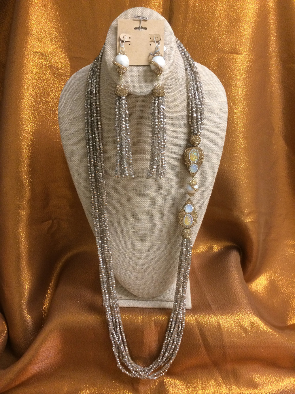 KWANZA Champagne Crystals with Keshi Pearls, Necklace Handmade