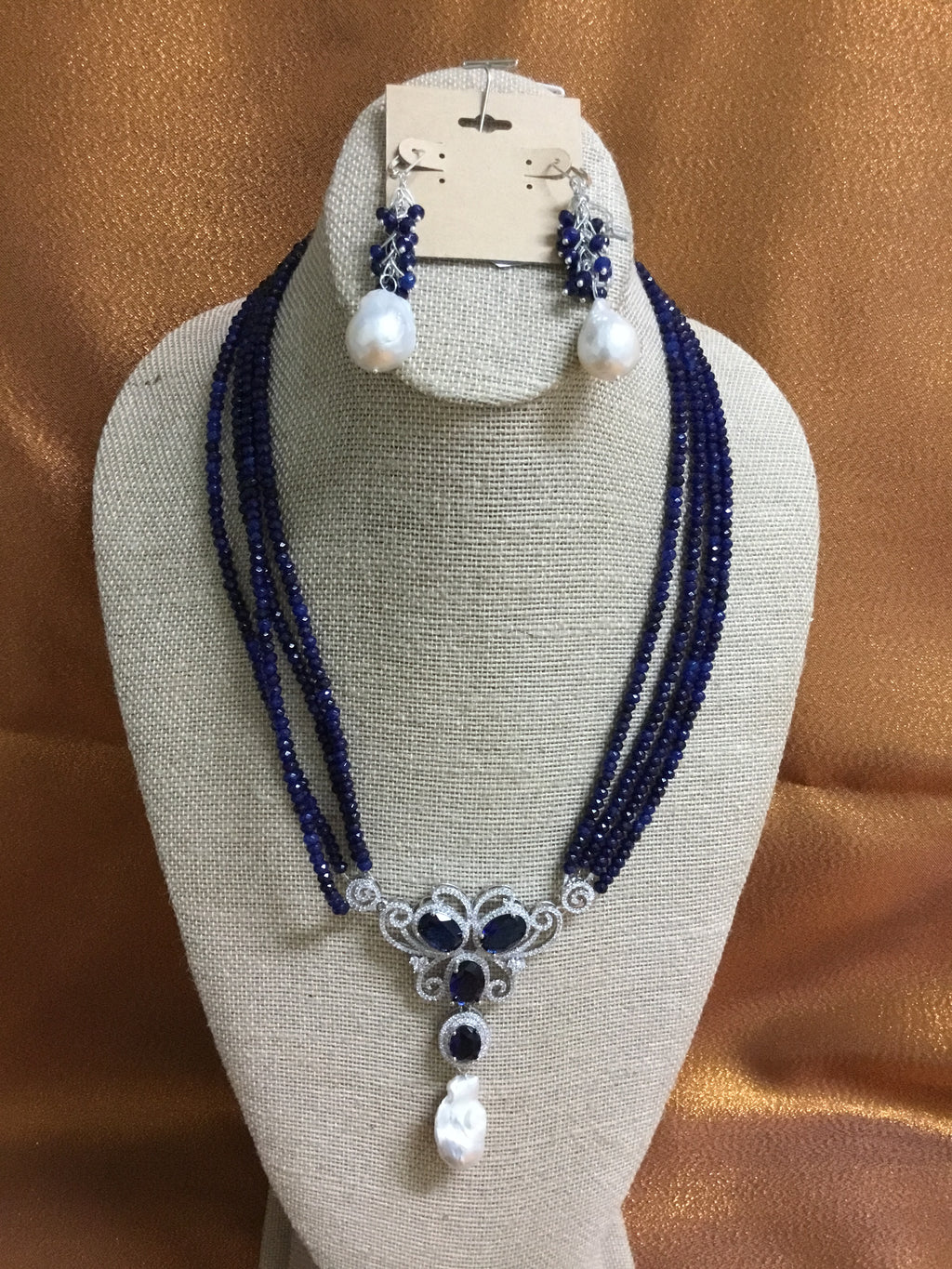 “Princess” Blue Crystal, with White Keshi Pearl, Necklace Handmade