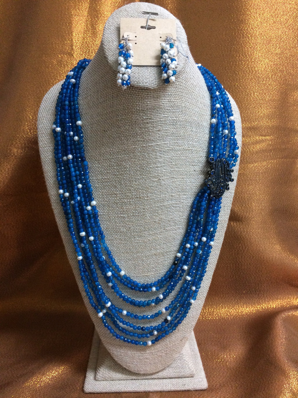 Vicky Blue Jade with White Pearls Necklace Handmade