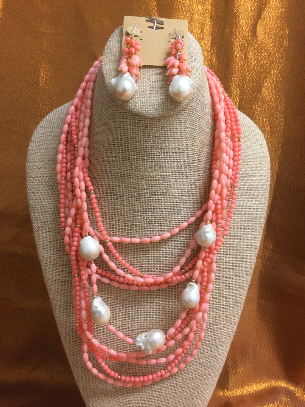 ‘CORA KESHI’ Pink Orange with Keshi Pearls  Necklace Handmade