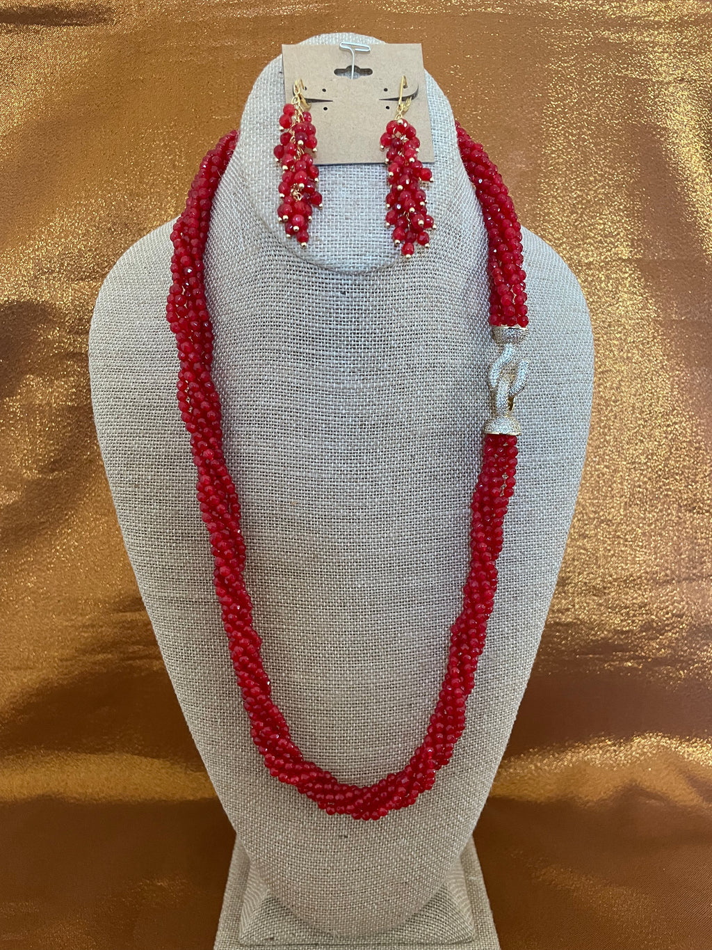 Pave Red Jade Crystal  Necklace Handmade