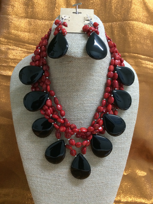 BMTC Red Beads & Black Onyx Necklace Handmade