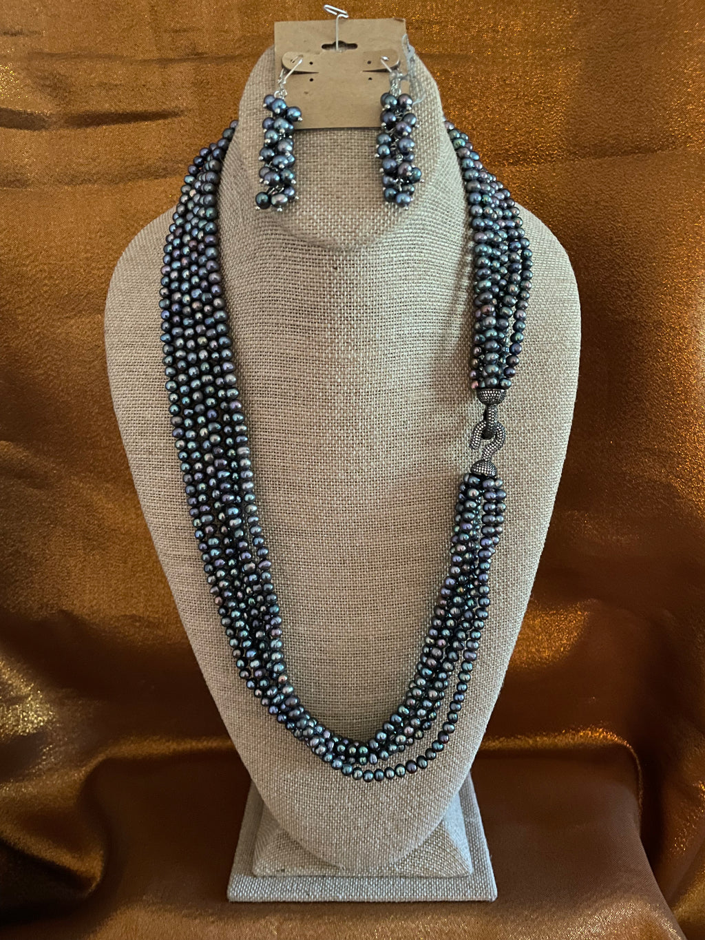 Black Pearls, Black Color Clasp 5 Strands, Handmade Necklace