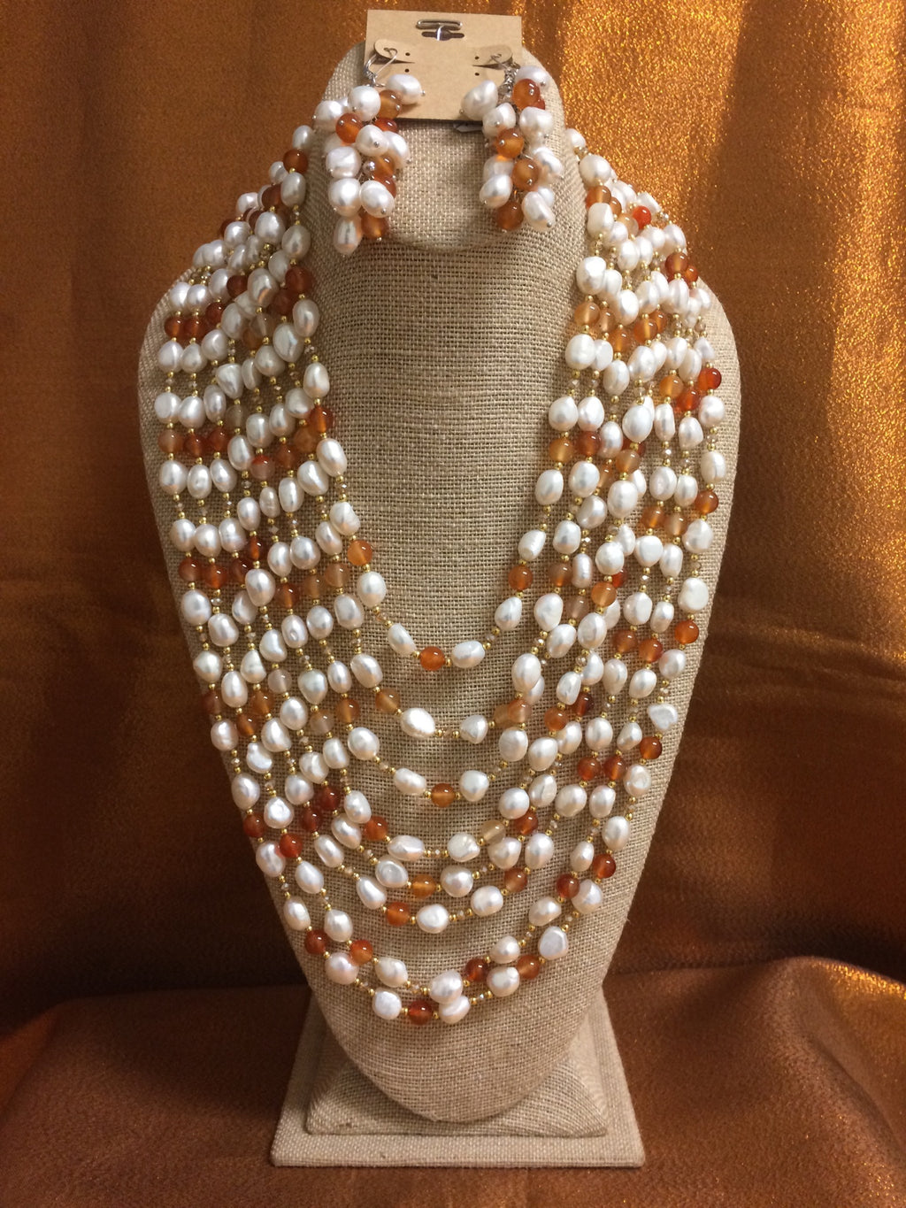 Carnelian Orange with White Pearl Necklace Handmade