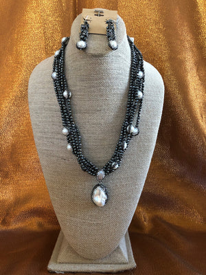 KESHI Hemp, Hematite with White Keshi Pearl Pendent, Necklace Handmade