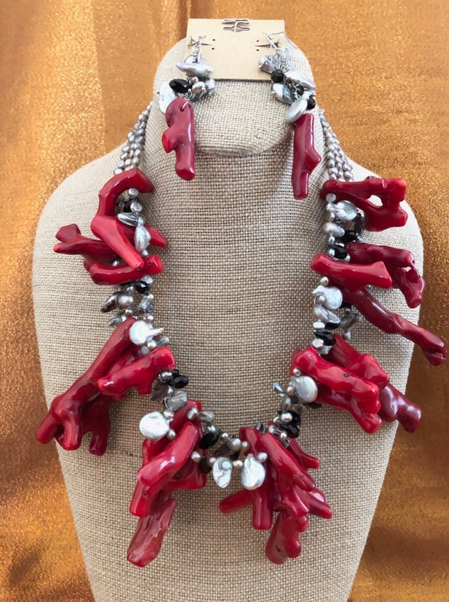 Nesti, Red Cora with Gray Pearls Necklace Handmade