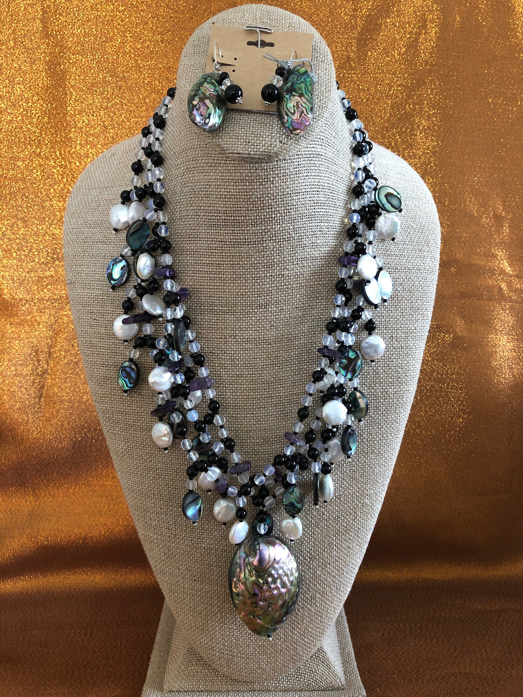 Paullett , Abalone Shells, Moonstones, Onyx , Handmade Necklace