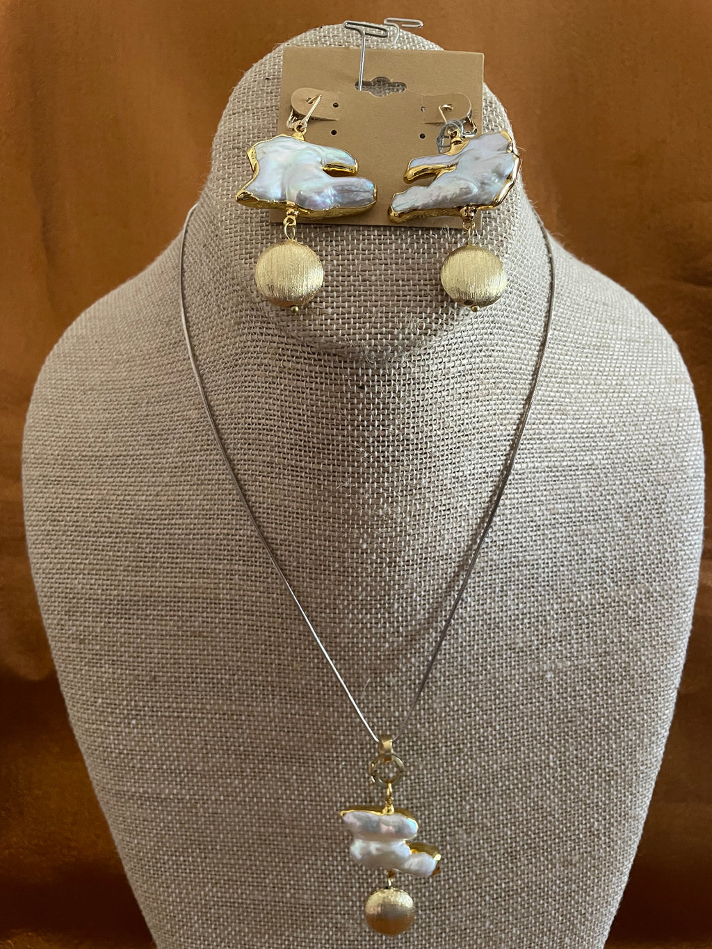 Baroque Keshi White Pearl with Gold Color Coin Drop Accent , with Mesh Chain, Handmade Necklace