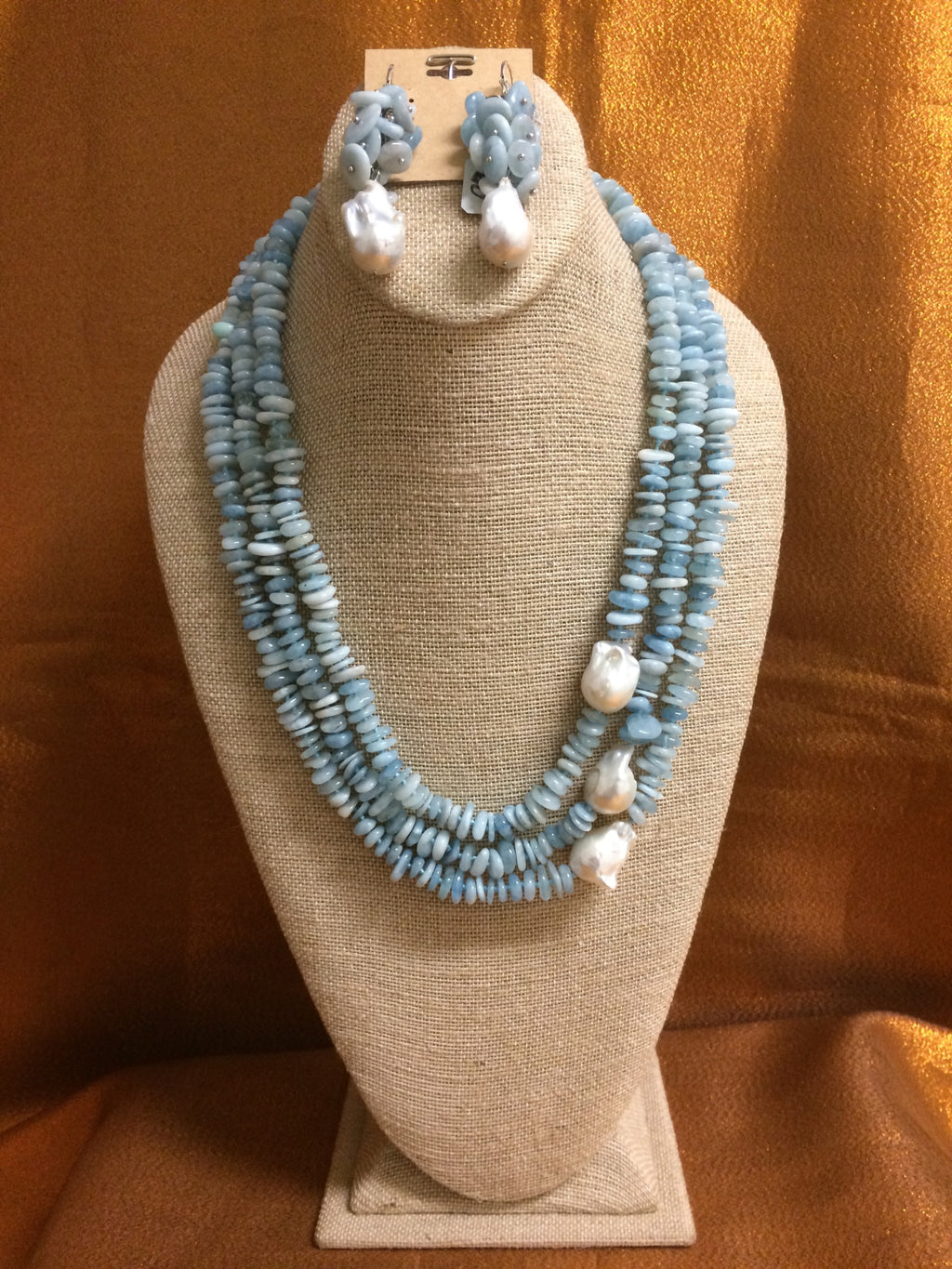 ‘KATOA’ Keshi White Pearl & Aquarmine Handmade Necklace