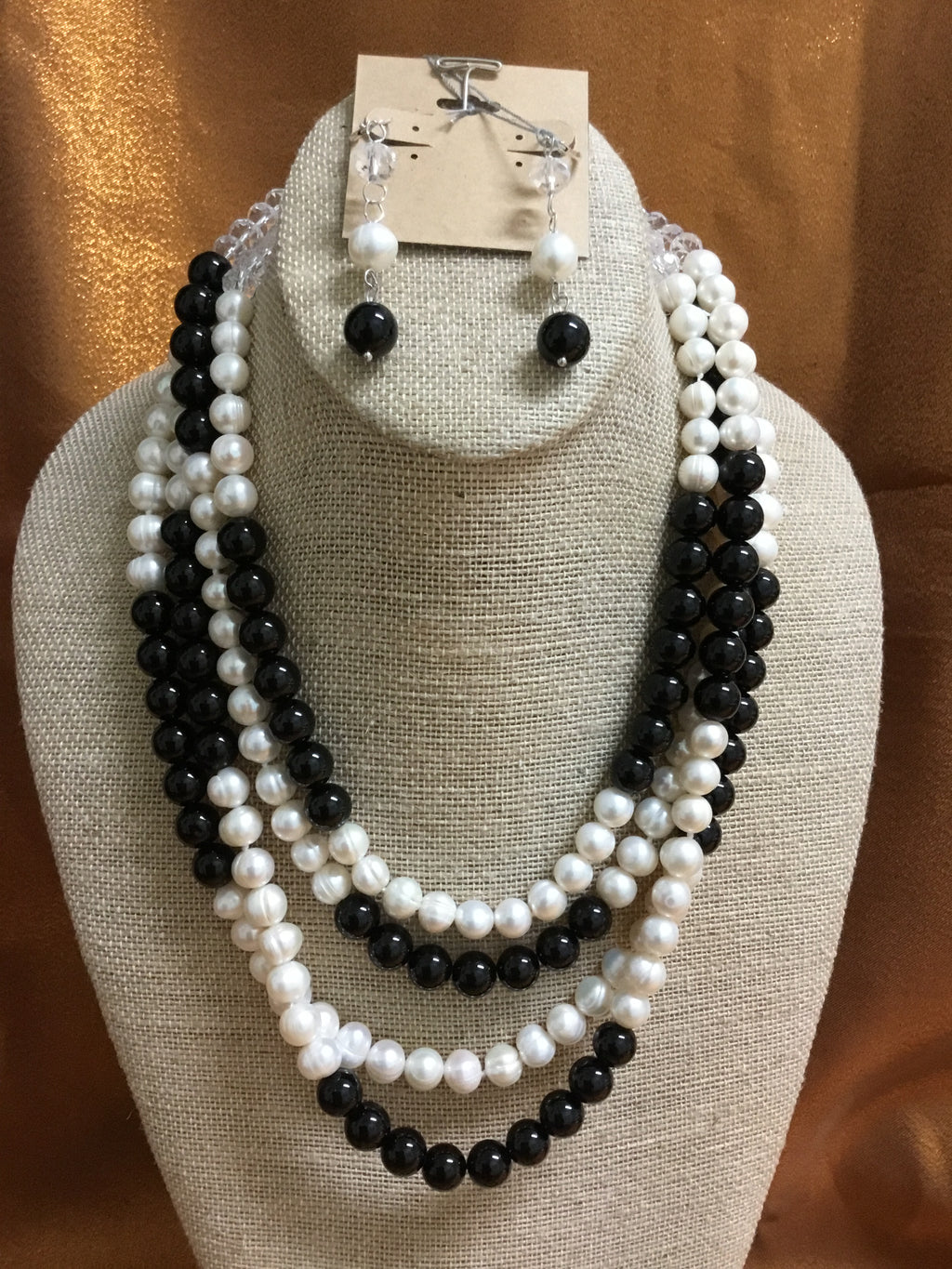 Pearl with Black Onyx & Crystals Necklace Handmade