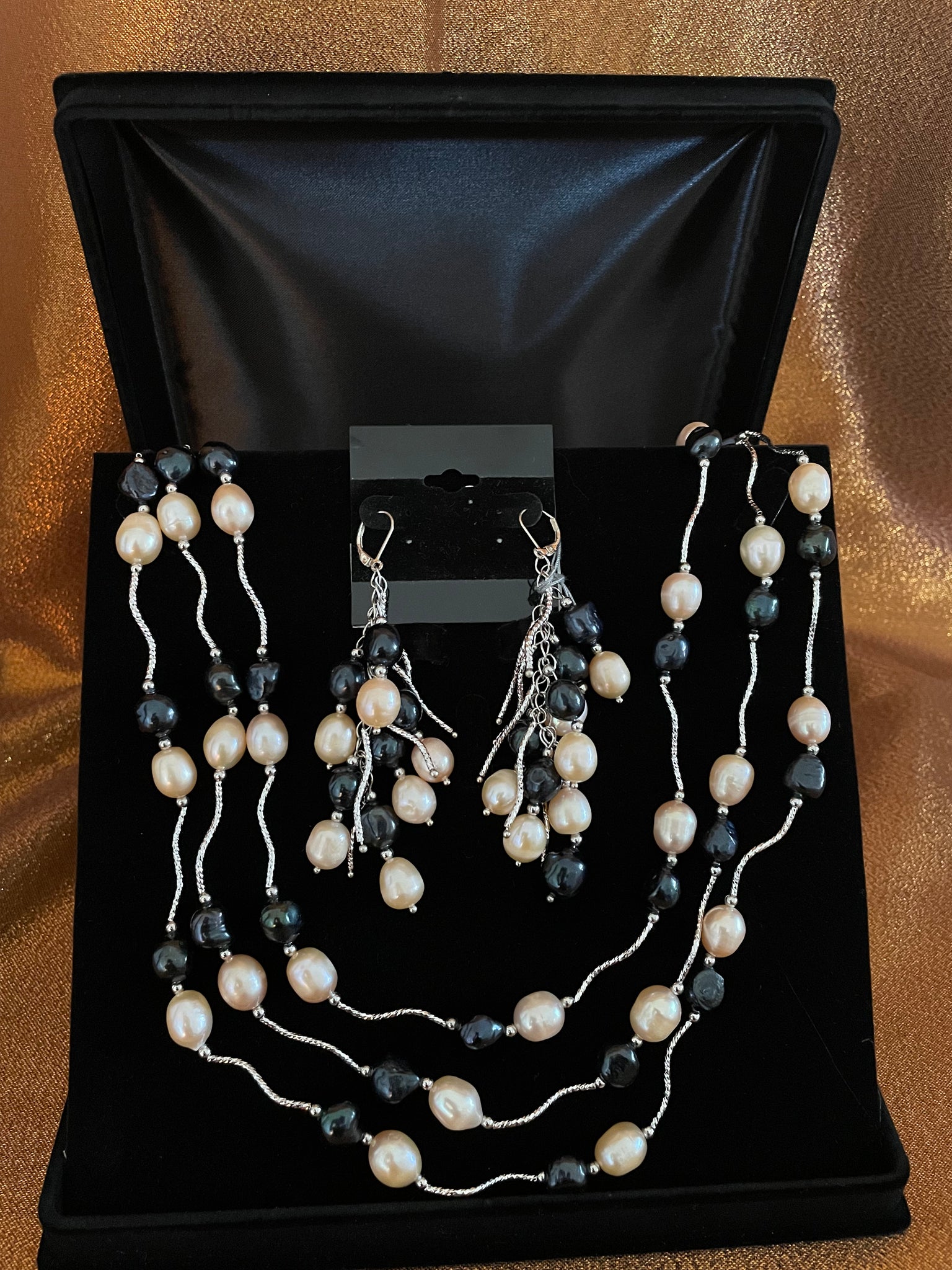 Kamala, Black and Pink Pearls with Silver Color Accents Necklace Handmade