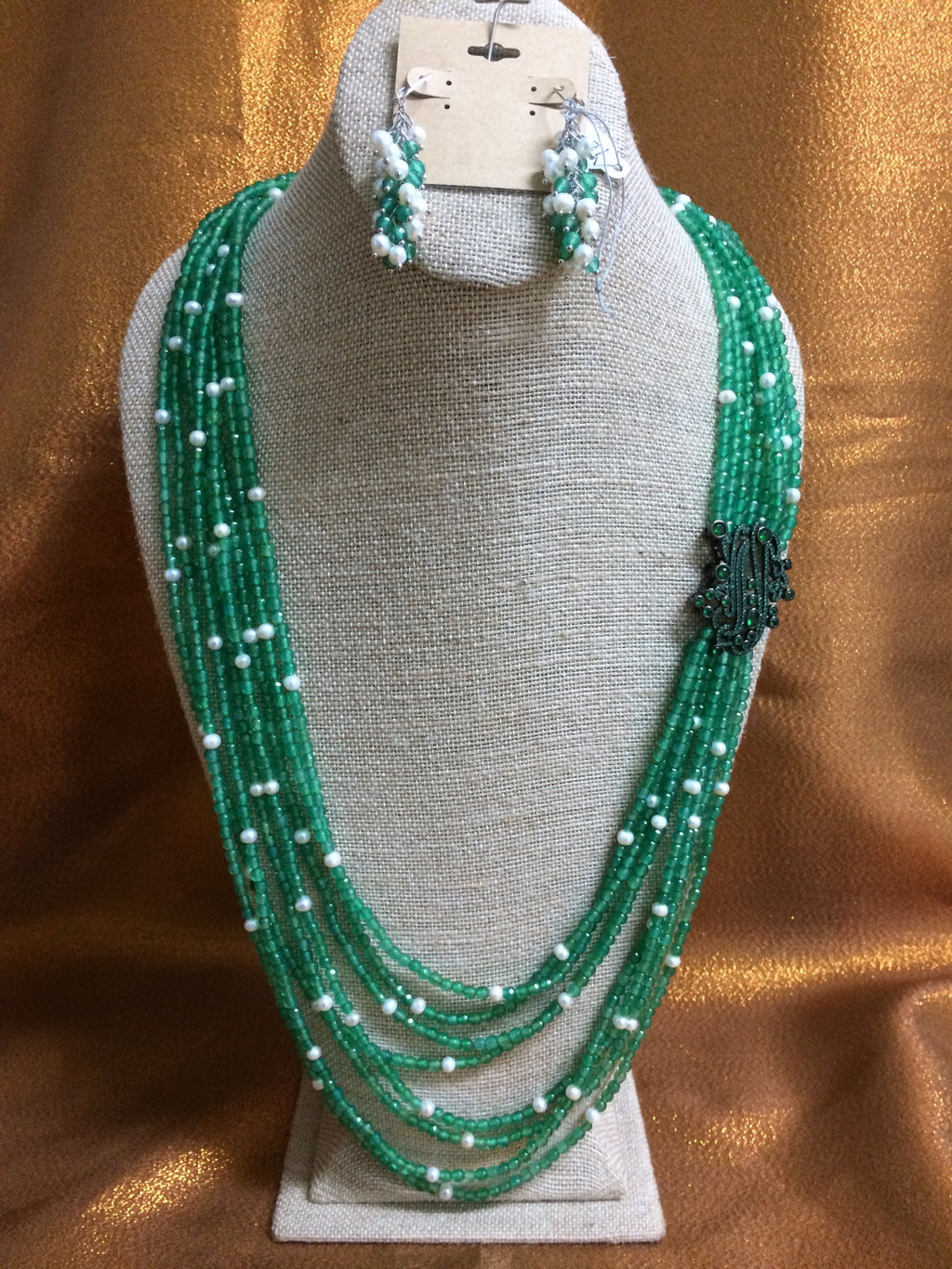 Vicky Green Jade with White Pearls Necklace Handmade