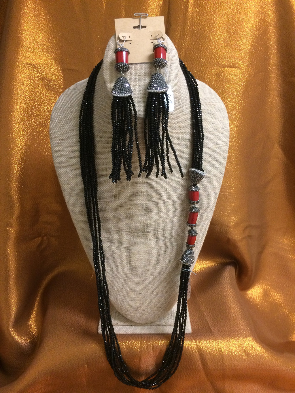 KWANZA Black Crystals with Red Coral , Necklace Handmade