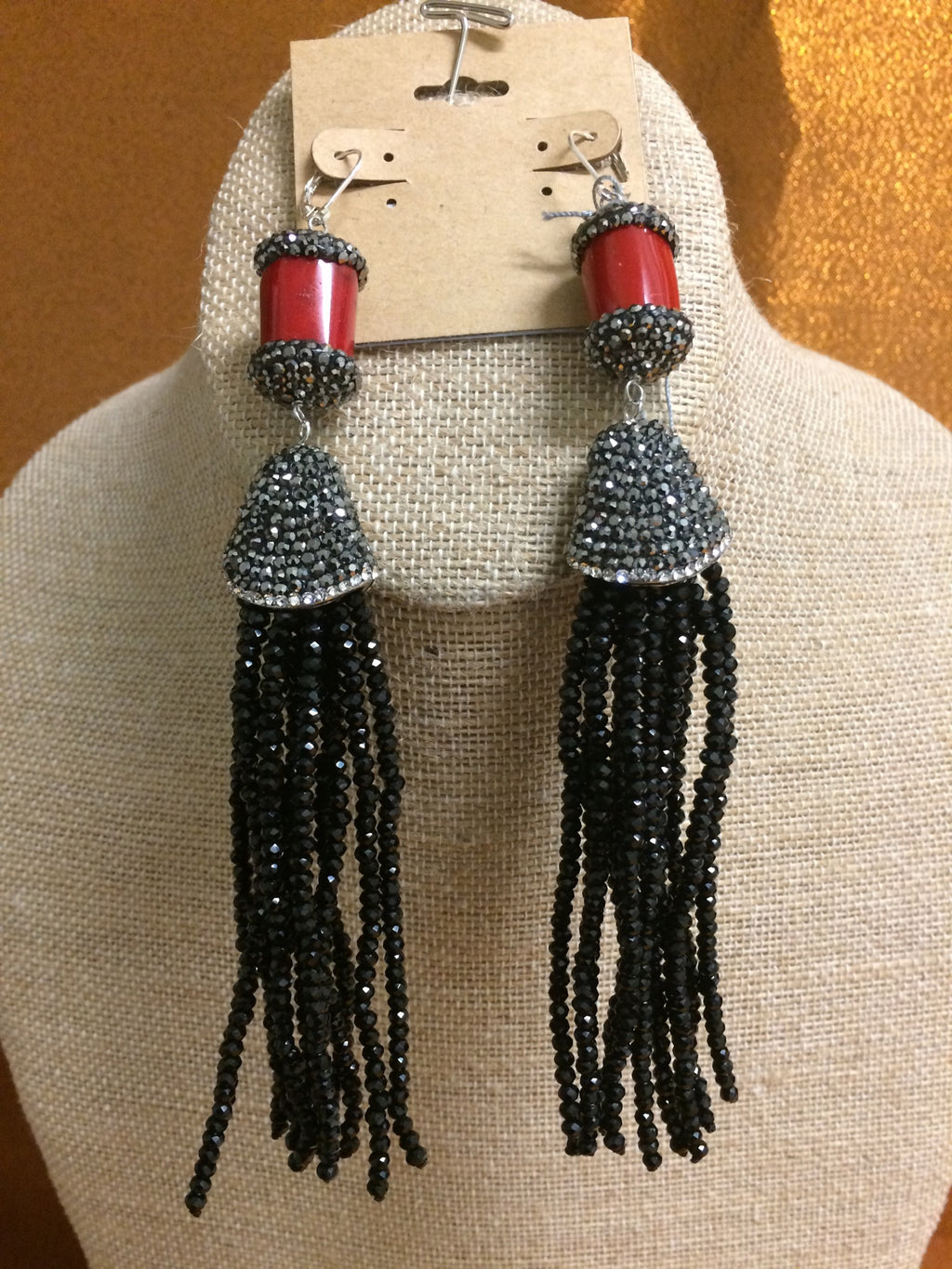 KWANZA Black Crystals with Red Coral, Earrings