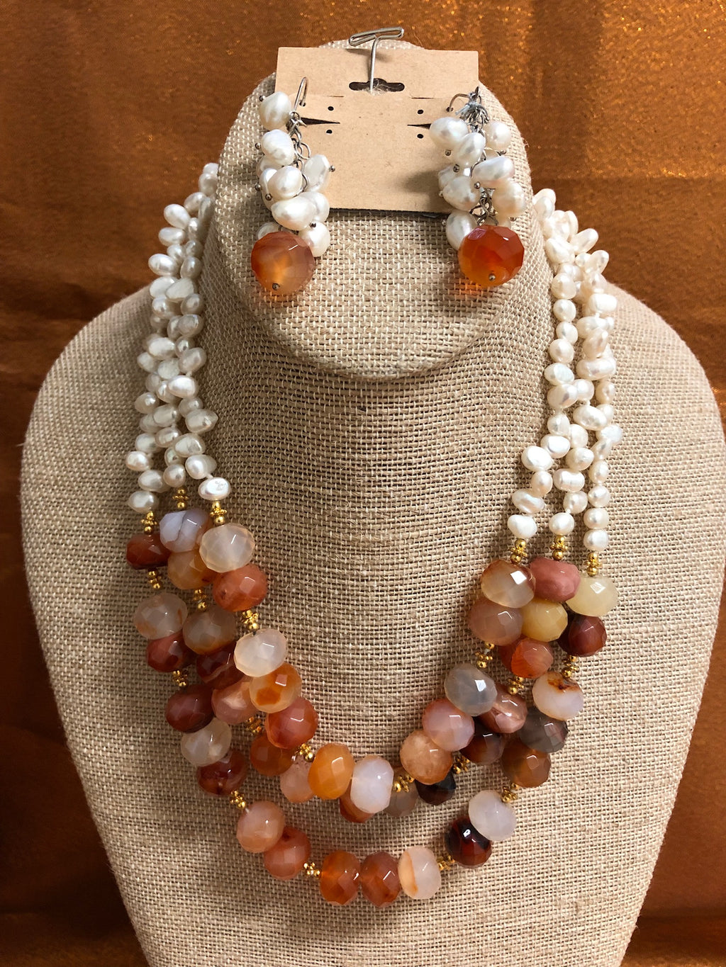 Carnelian Red with White Pearls, Necklace Handmade