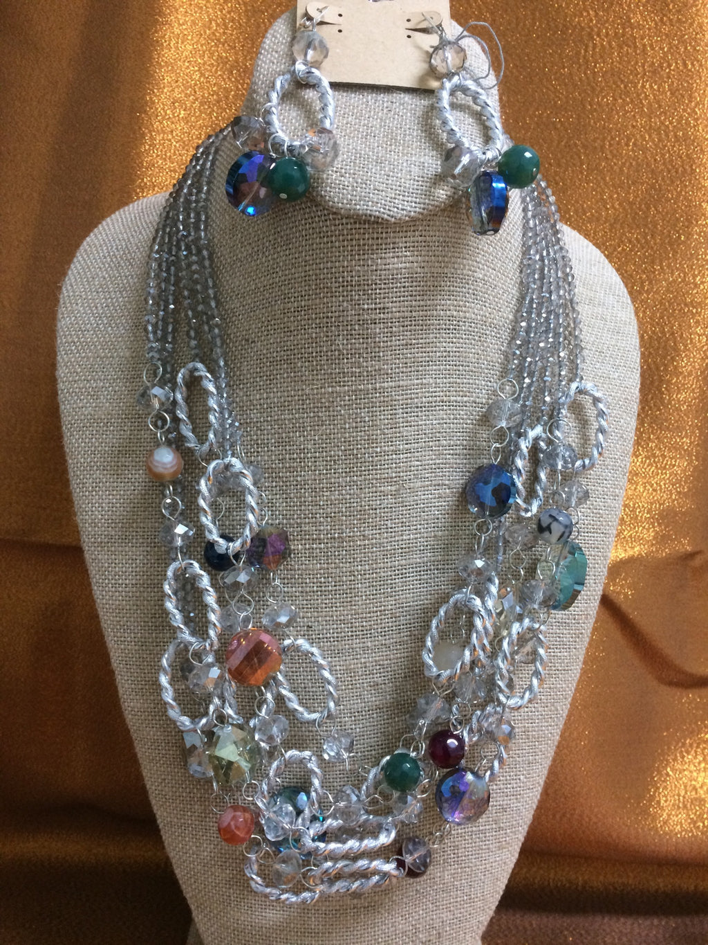 ‘CHANTEL’ Silver MULTI Color Crystals Necklace Handmade