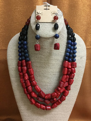 Nautic Red Coral, Blue Jade, Black Onyx & Carnelian, Necklace Handmade.