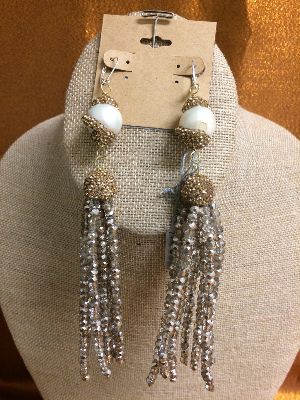 KWANZA Champagne Crystals with White Keshi Pearls, Earrings