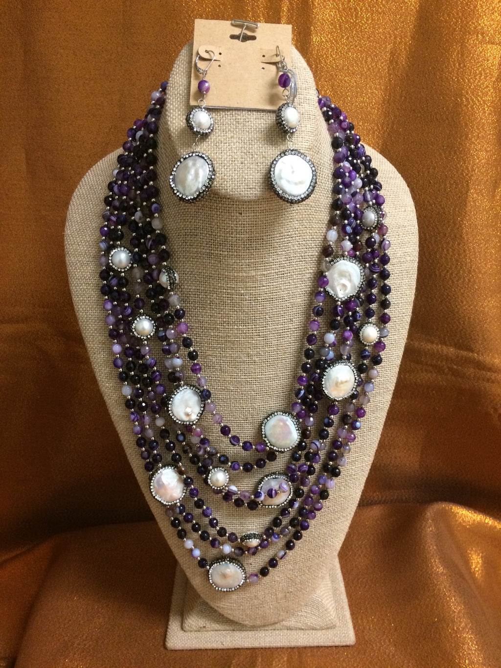 Marcus Purple Agate & White Coin Pearl Handmade Necklace