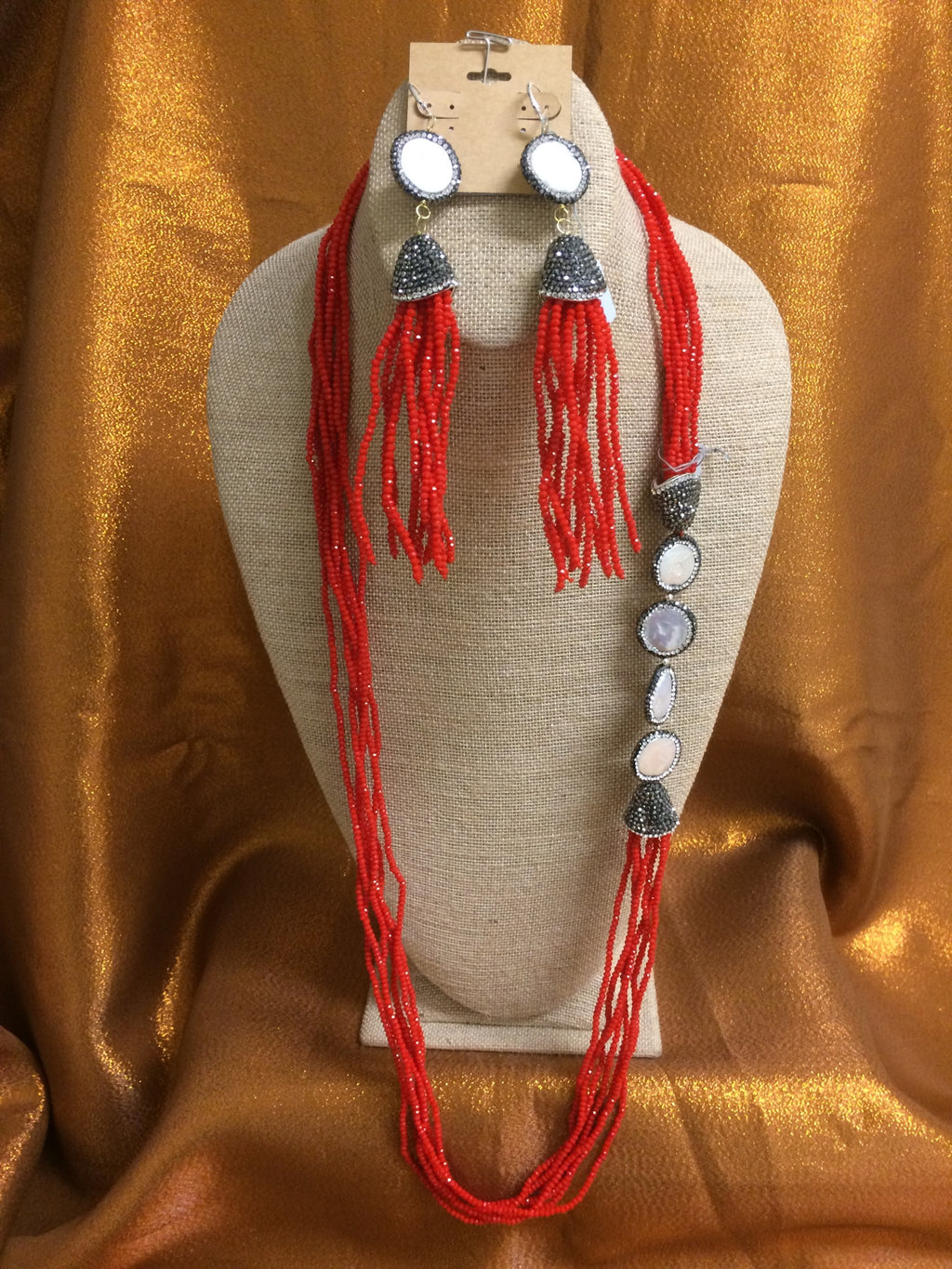 KWANZA RED Crystals with White Coin Pearls, Necklace Handmade