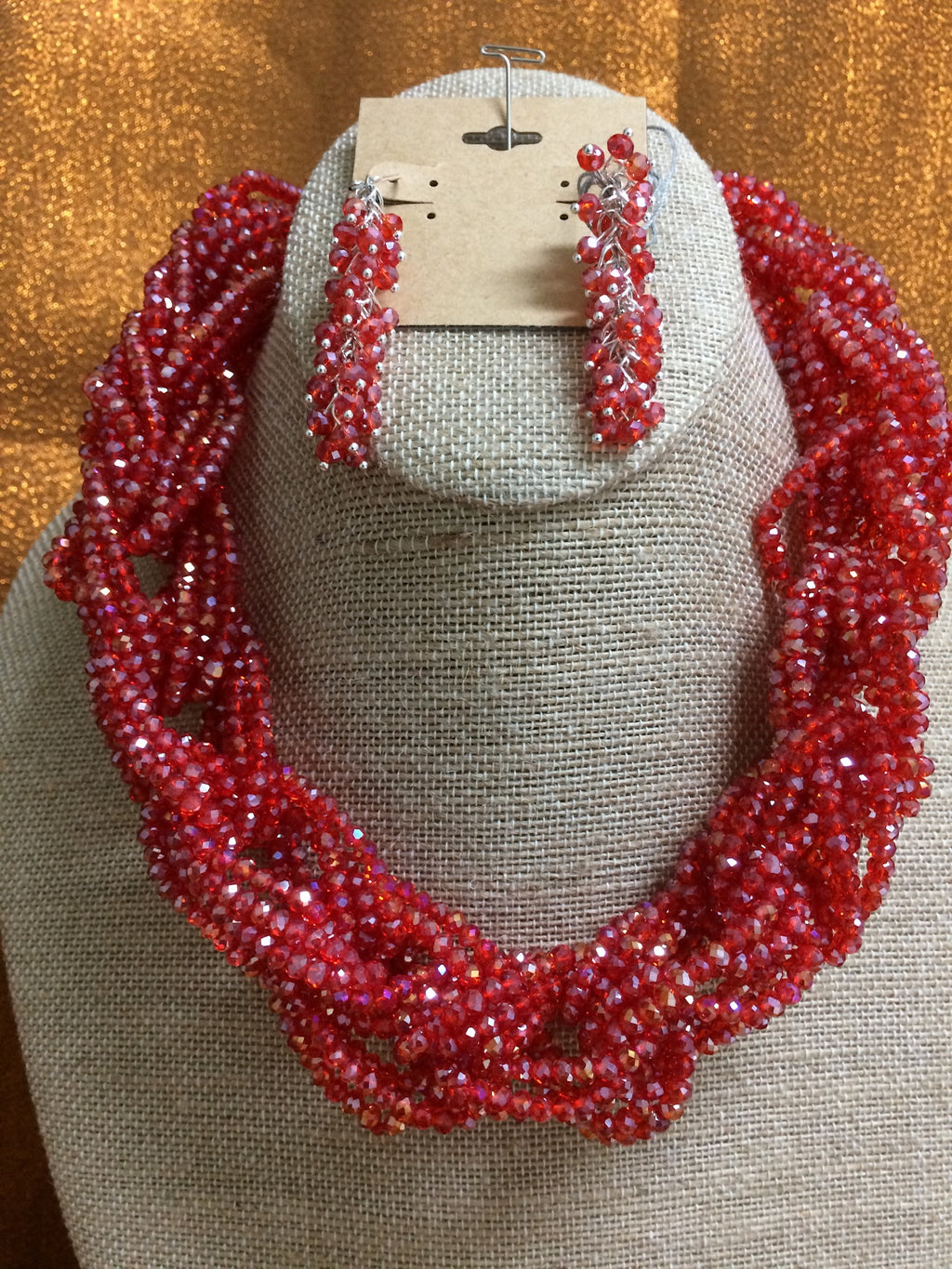 ‘TWISTER’ RED Braided Crystal Necklace Handmade