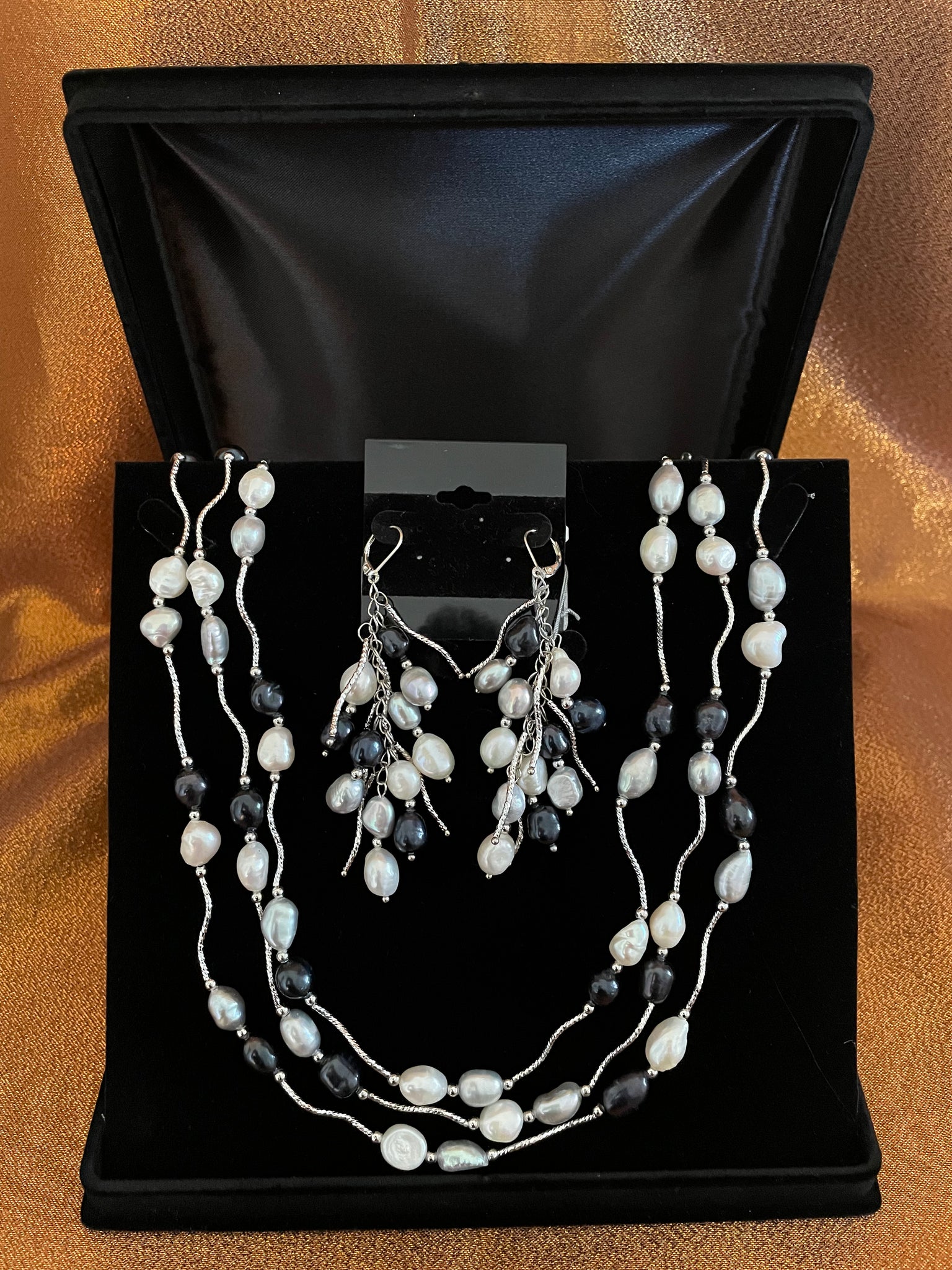 Kamala, Black and White and Gray Pearls with Silver Color Accents Necklace Handmade