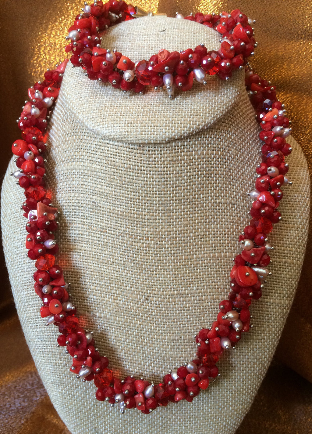 'Jada ' Red, Pearls, Coral, Crystal, Necklace & Bracelet Set Handmade