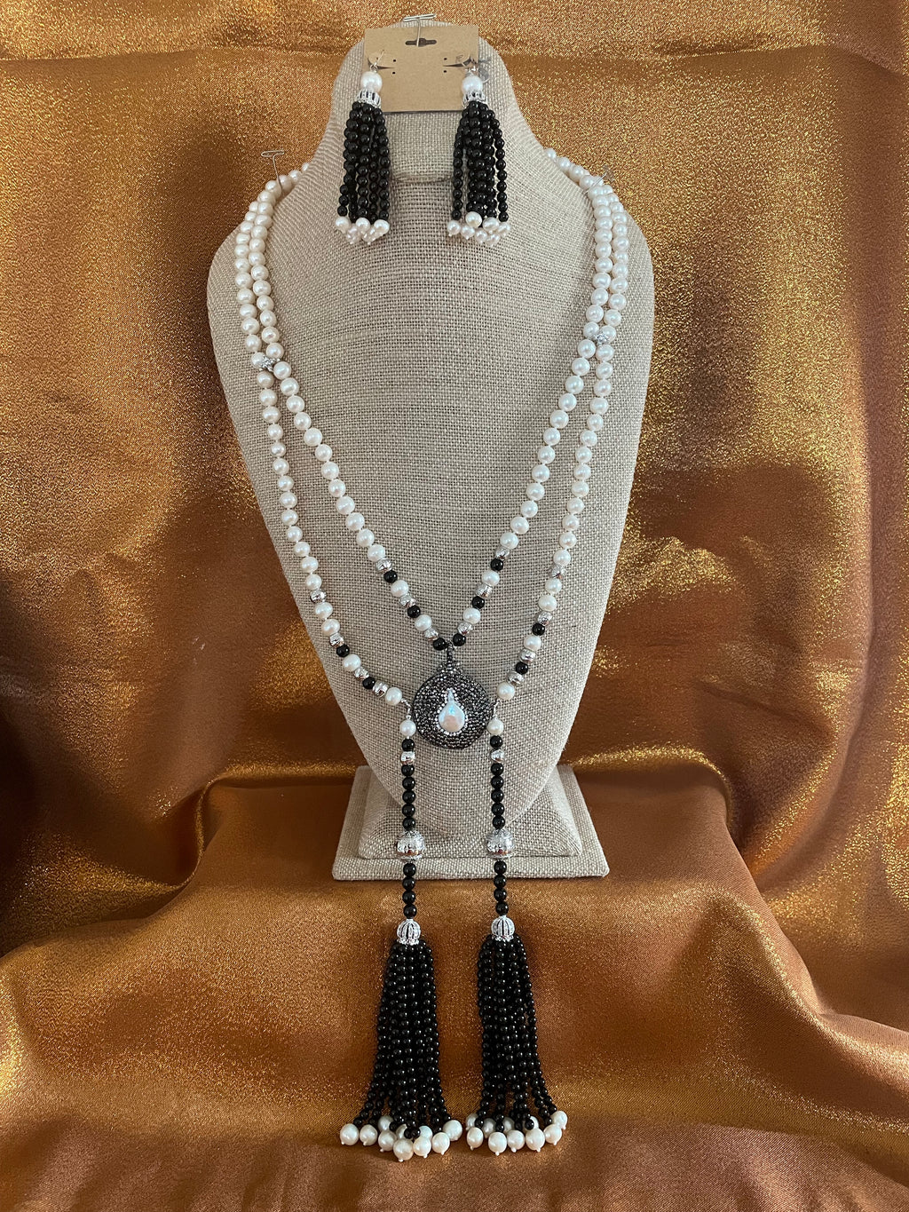 White Keshi Pearl, Onyx Tassels, Handmade Necklace