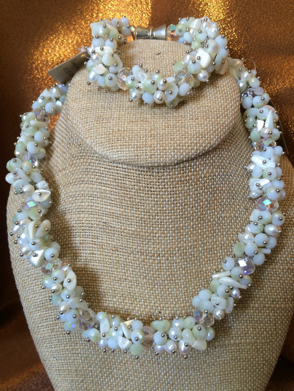 'Jada' White Pearls, Coral, Crystals Necklace & Bracelet Set, Handmade