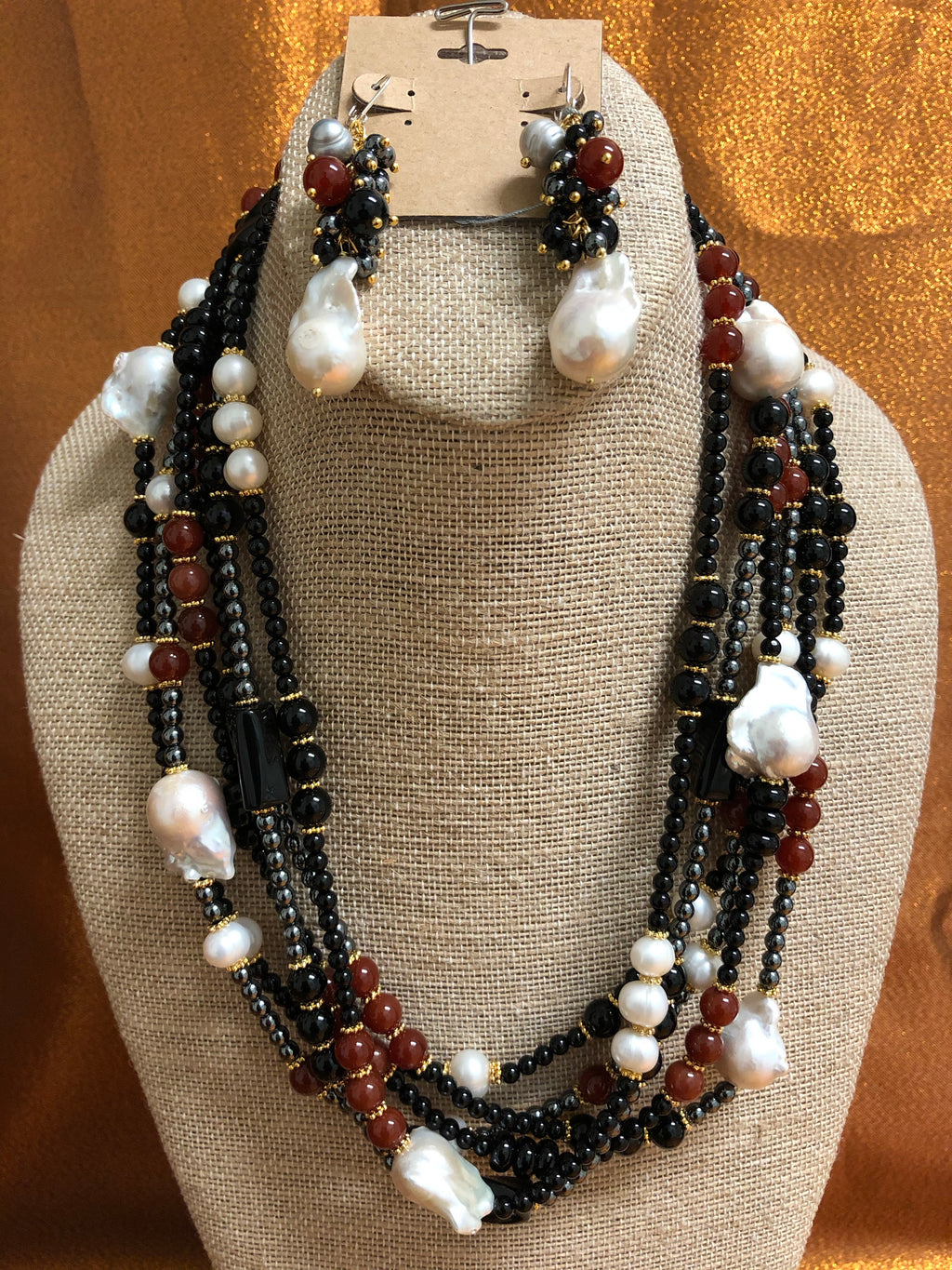 White Keshi Pearl with Black Onyx Necklace Handmade